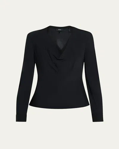 Theory Draped Long-sleeve Silk Blouse In Black
