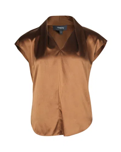 Theory Draped-neck Cap-sleeve Top In Brown Silk