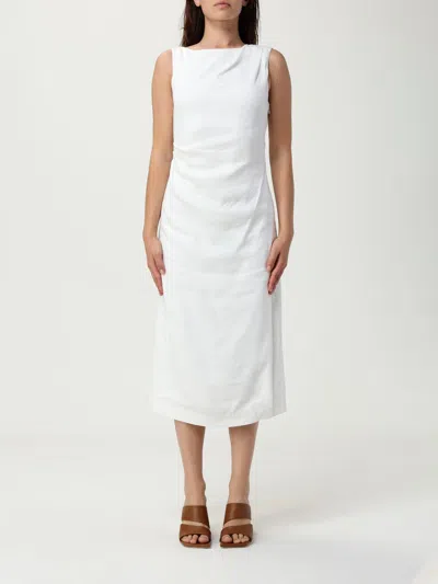 Theory Draped Midi Dress In Linen-viscose In White