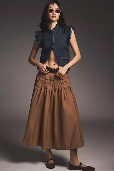 Theory Drop-waist Accordion Yoke Midi Skirt In Gold