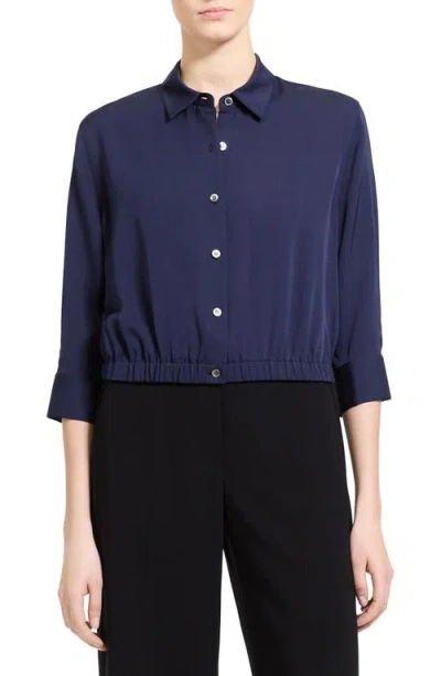 Theory Elastic Hem Silk Button-up Shirt In Blue