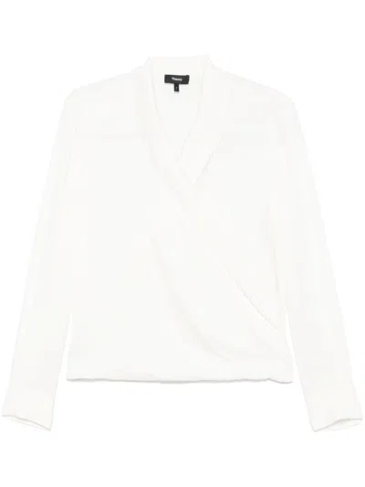 Theory Elegant Silk Shirt With Crossover Neckline And Button Cuffs In White