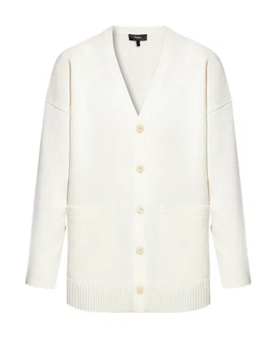 Theory Fine-knit Elbow-patch Cardigan In White