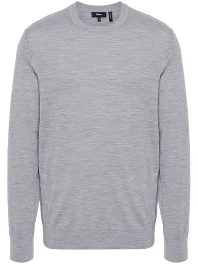 Theory Long-sleeved Grey Wool Top With Classic Crew Neckline In Gray