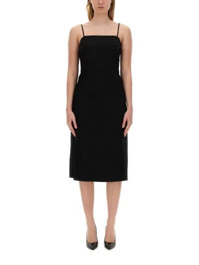 THEORY FITTED BLACK MIDI DRESS WITH SPAGHETTI STRAPS