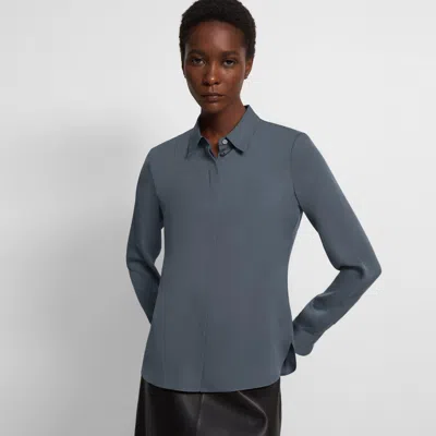 Theory Fitted Shirt In Silk Georgette In Blue Granite