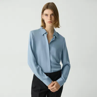 Theory Fitted Shirt In Silk Georgette In Stone Blue