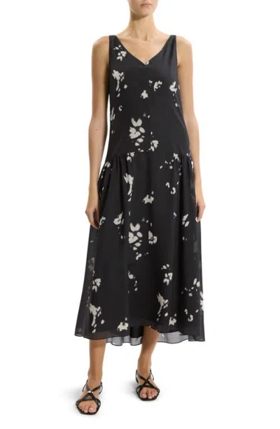 Theory Floral Sleeveless Drop Waist Dress In Black