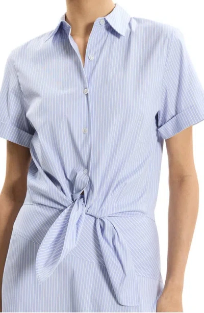 Theory Knotted Cropped Striped Cotton-blend Poplin Shirt In Blue