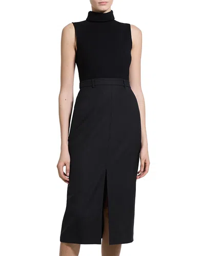 Theory Funnel Neck Sleeveless Draped Midi Dress In Black