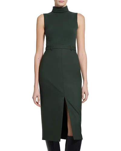 Theory Funnel Neck Sleeveless Draped Midi Dress In Green