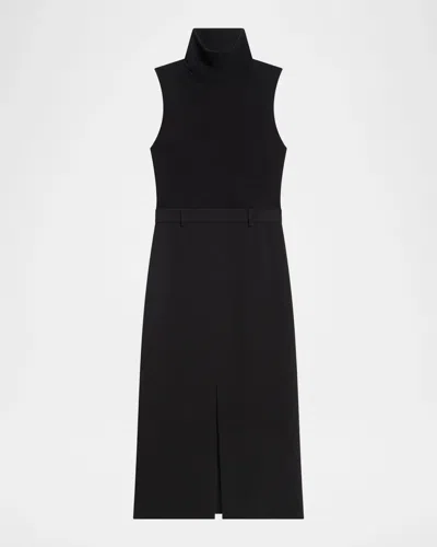 Theory Funnel-neck Combo Midi Dress In Black