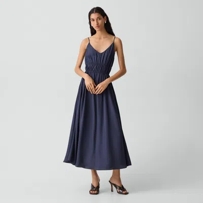 Theory Gathered V-neck Dress In Washed Twill In Blue