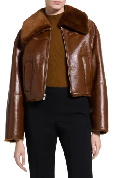 Theory Genuine Lamb Shearling Crop Jacket In Gray