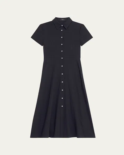 THEORY GOOD LINEN SHORT-SLEEVE BUTTON-FRONT MIDI SHIRT DRESS
