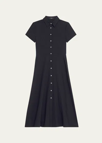 Theory Good Linen Short-sleeve Button-front Midi Shirt Dress In Concord