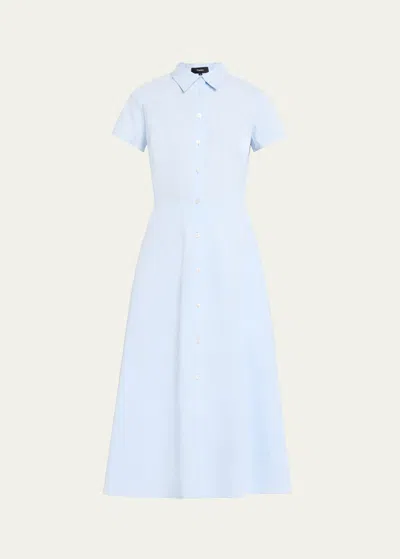Theory Good Linen Short-sleeve Button-front Midi Shirt Dress In Blue