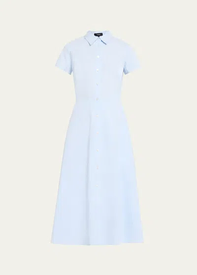 Theory Good Linen Short-sleeve Button-front Midi Shirt Dress In Skylt