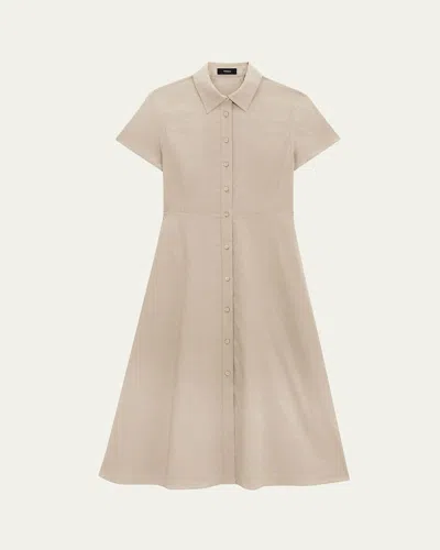 THEORY GOOD LINEN SHORT-SLEEVE BUTTON-FRONT MIDI SHIRT DRESS