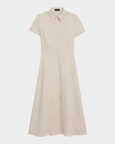 THEORY GOOD LINEN SHORT-SLEEVE BUTTON-FRONT MIDI SHIRT DRESS