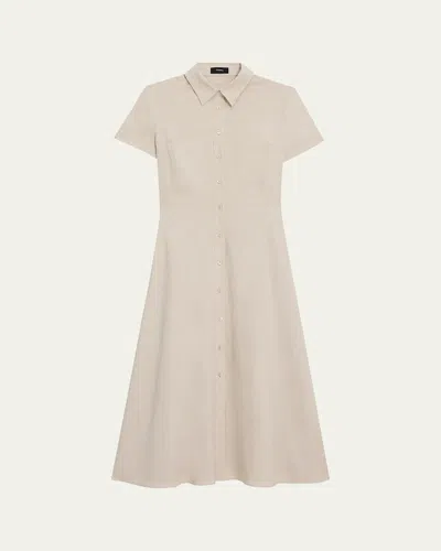 THEORY GOOD LINEN SHORT-SLEEVE BUTTON-FRONT MIDI SHIRT DRESS