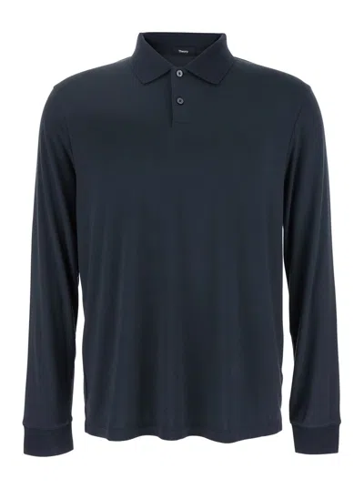 THEORY GORIS BLACK POLO SHIRT WITH CLASSIC COLLAR AND LONG SLEEVES IN TECH FABRIC STRETCH MAN