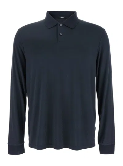 THEORY 'GORIS' BLACK POLO SHIRT WITH CLASSIC COLLAR AND LONG SLEEVES IN TECH FABRIC STRETCH MAN