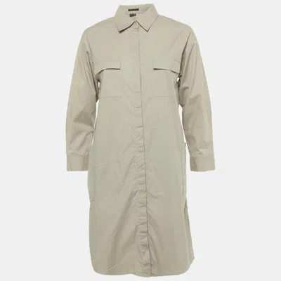 Theory Green Cotton Belted Long Sleeve Utility Shirt Dress In Neutral