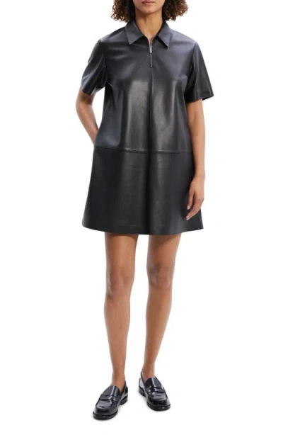 Theory Half Zip Leather Shirtdress In Black