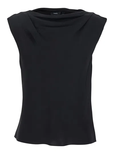 THEORY BLACK CREWNECK TOP WITH RUCHED DETAILS ON THE FRONT IN SILK WOMAN