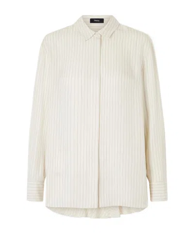 Theory Hi Lo Flou Striped Satin Shirt In Neutral