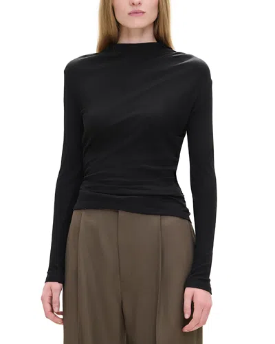 Theory High Neck Gathered Long Sleeve Tee In Black