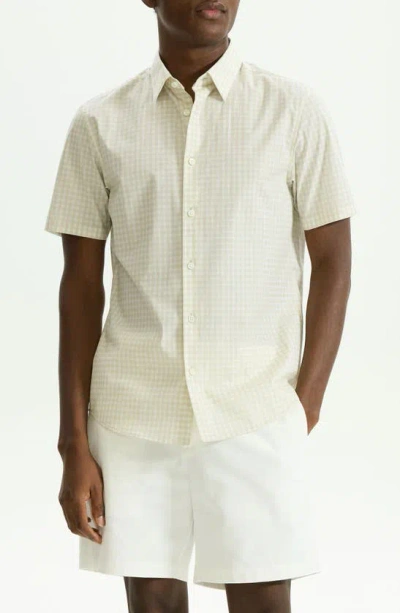 Theory Irving Gingham Short Sleeve Stretch Cotton Button-up Shirt In Sand Multi