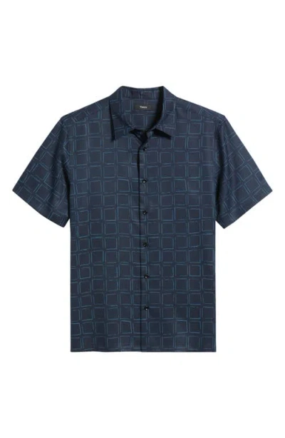 Theory Irving Grid Print Short Sleeve Lyocell Button-up Shirt In Blue Multi