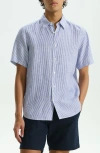Theory Irving Pinstripe Short Sleeve Linen Button-up Shirt In White/ Ocean - 1rn