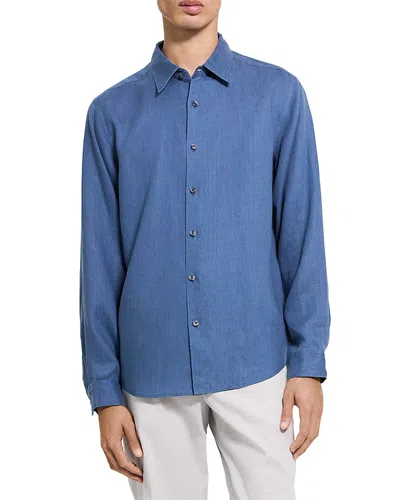 Theory Irving Solid Linen Button-up Shirt In Blue