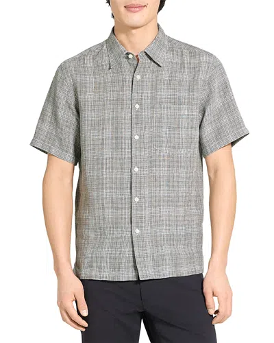 Theory Irving Plaid Short Sleeve Linen Button-up Shirt In Gray