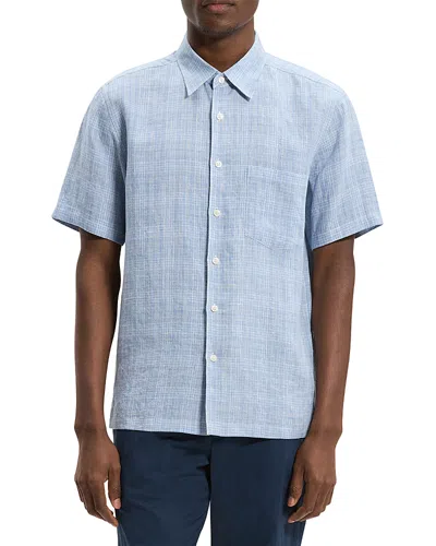 Theory Irving Plaid Short Sleeve Linen Button-up Shirt In Blue