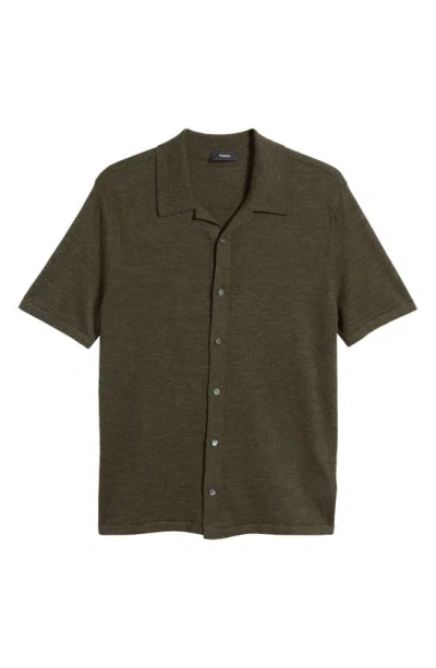 Theory Irving Solid Short Sleeve Linen Button-up Shirt In Dark Olive
