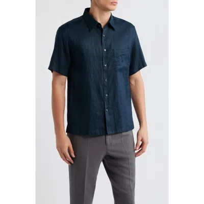Theory Irving Solid Short Sleeve Linen Button-up Shirt In Blue
