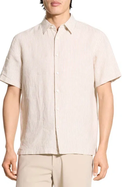 Theory Irving Stripe Short Sleeve Linen Button-up Shirt