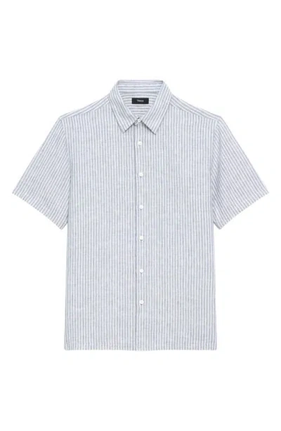 Theory Irving Stripe Short Sleeve Linen Button-up Shirt In White
