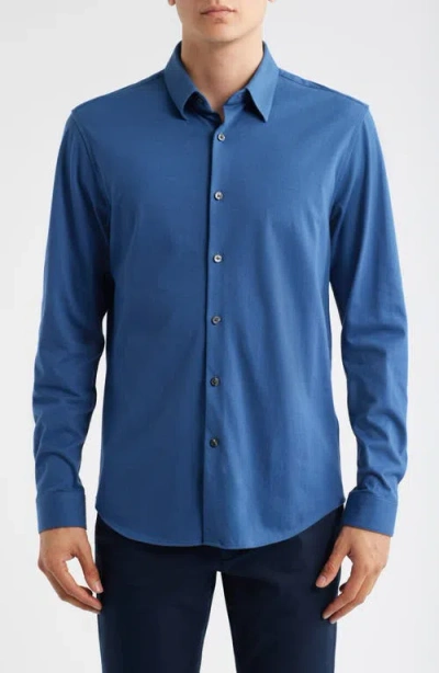 Theory Irving Structure Knit Button-up Shirt In Blue