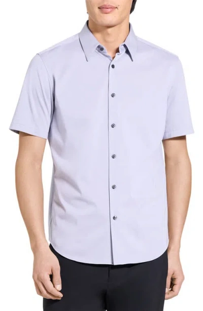Theory Irving Structure Knit Short Sleeve Button-up Shirt In Purple