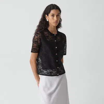 Theory Lace Short-sleeve Cardigan In Textured Cotton-blend In Black