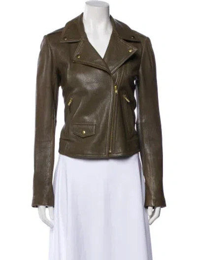 Pre-owned Theory Lamb Leather Biker Jacket In Green