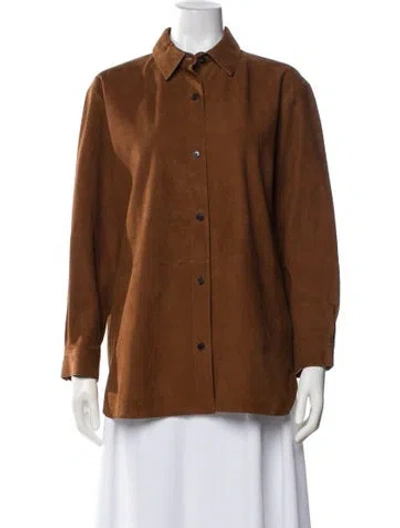Pre-owned Theory Lamb Leather Long Sleeve Button-up Top In Brown