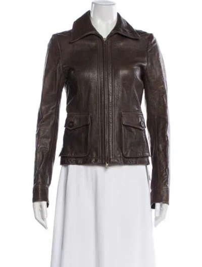 Pre-owned Theory Leather Biker Jacket In Brown