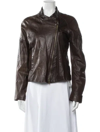 Pre-owned Theory Leather Biker Jacket In Brown