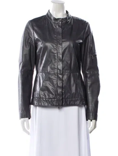 Pre-owned Theory Leather Biker Jacket In Gray